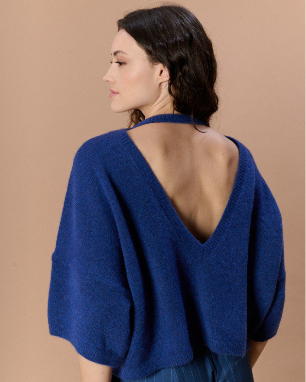 HELEN • Short-sleeve backless sweater - DENIM