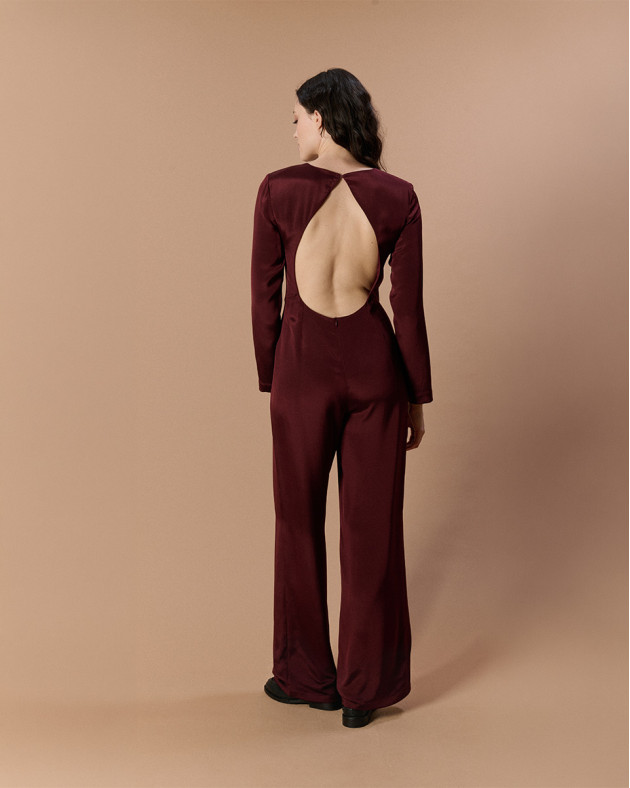 TOM • Long backless satin jumpsuit - RED VELVET