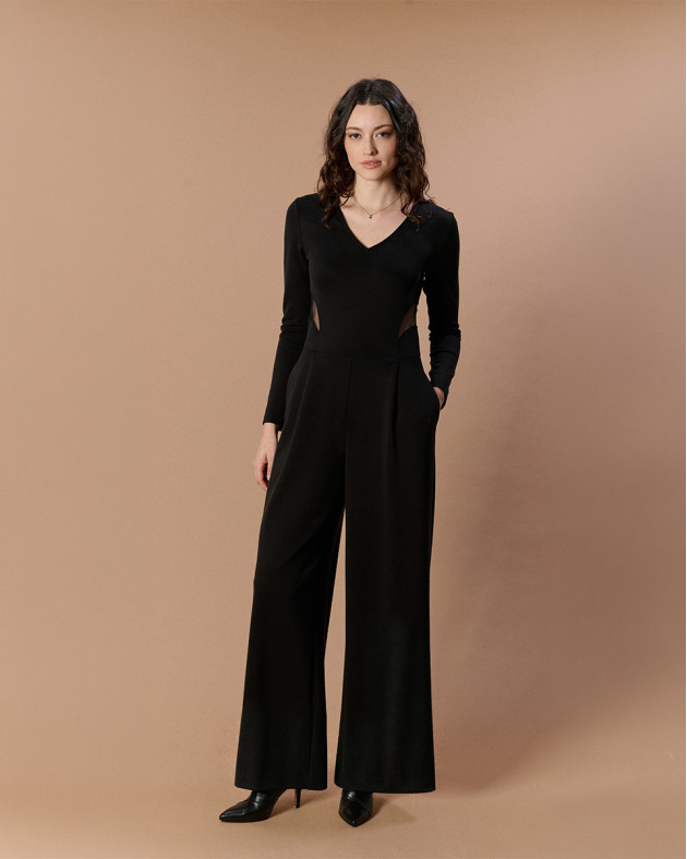 DERN • Long dual-fabric jumpsuit, peach-skin...